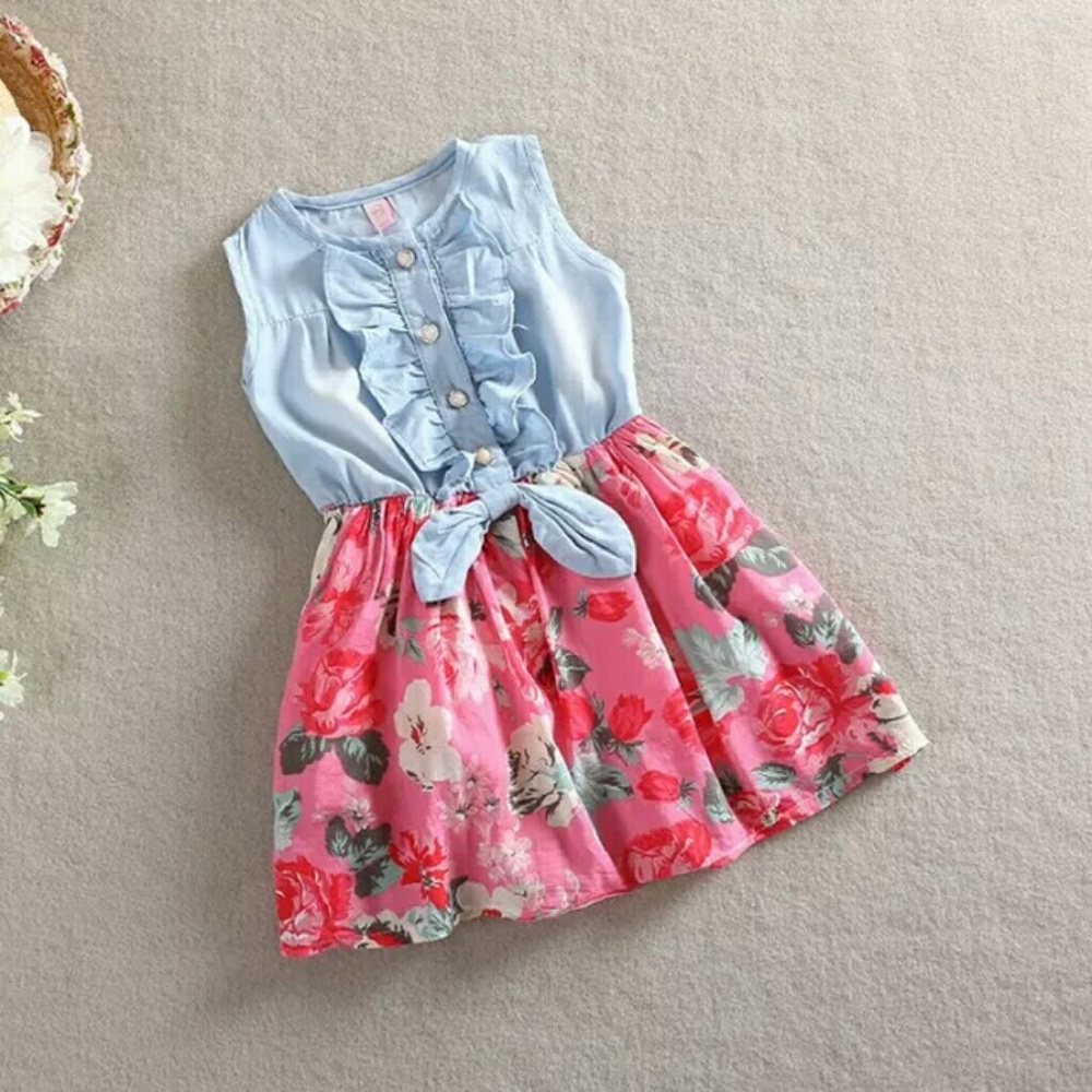 NWT Girls Denim Pink Floral Dress